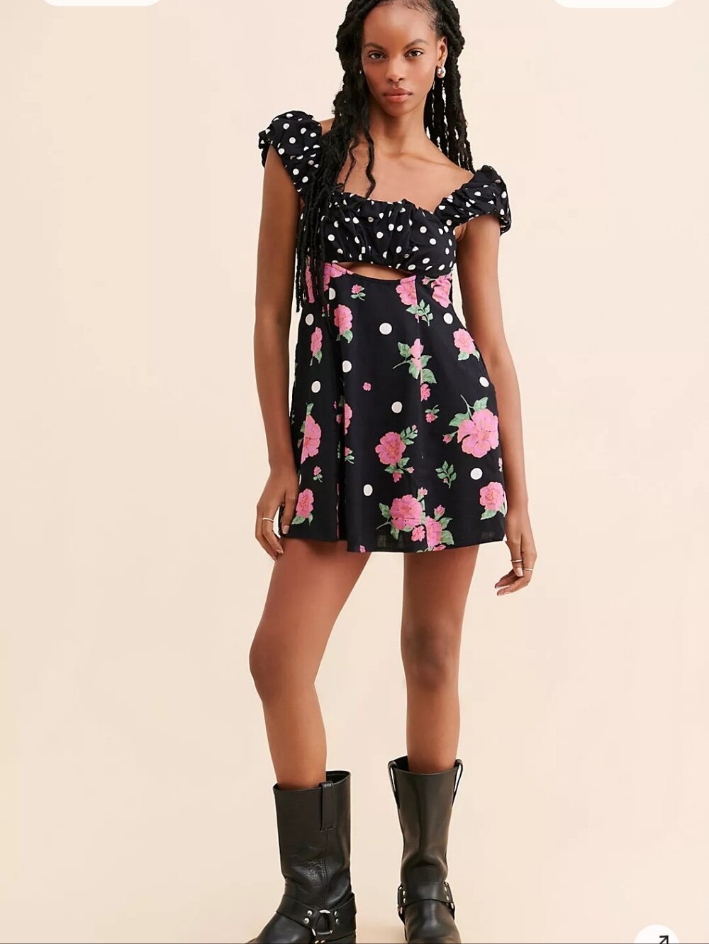 Free People Bon Bon Black Mini Pink Floral & White Polka Dot Accents M